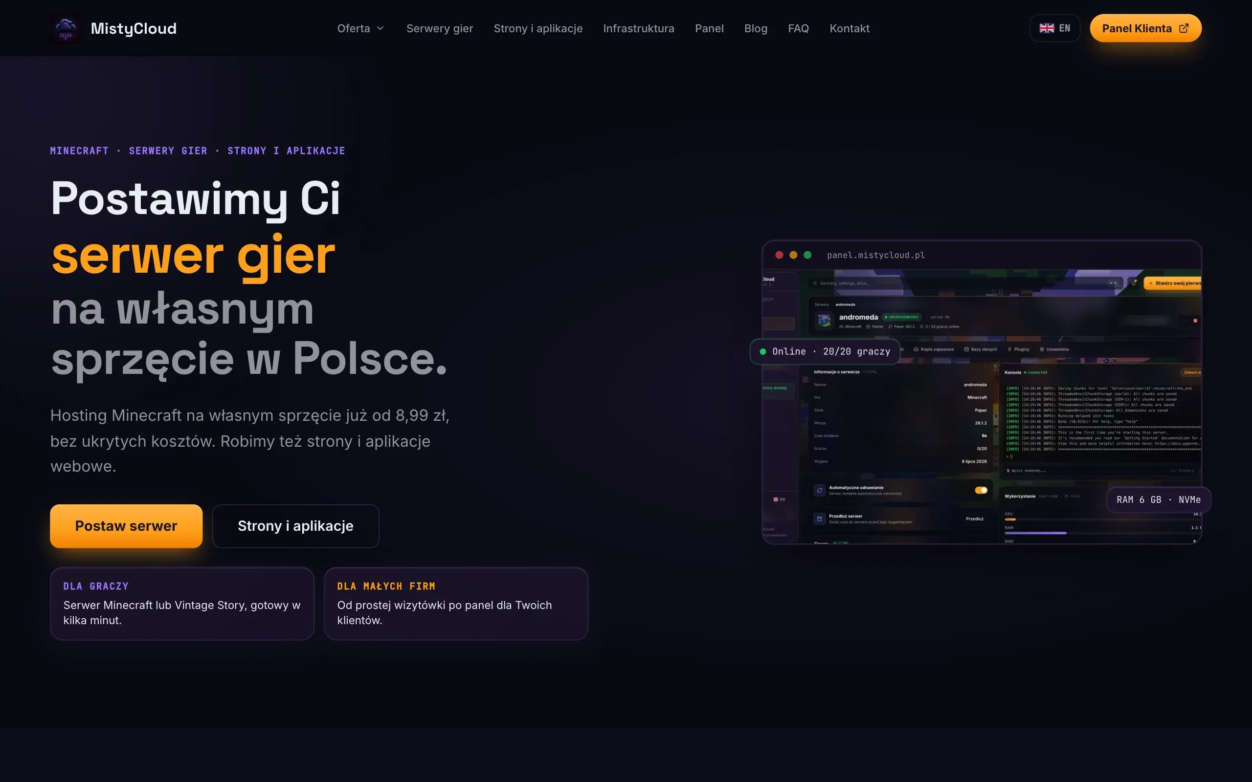 mistycloud.pl home page: hero with a panel preview