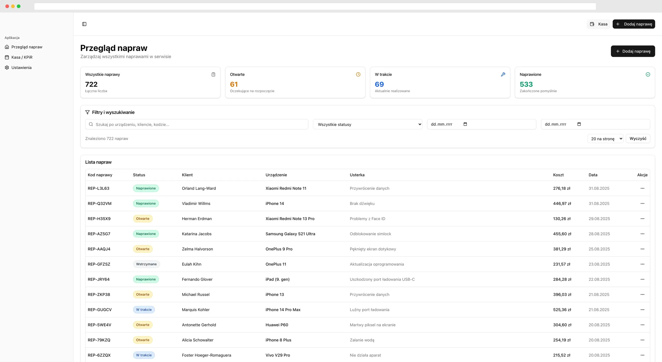 Service panel: repair overview with stats and the job list