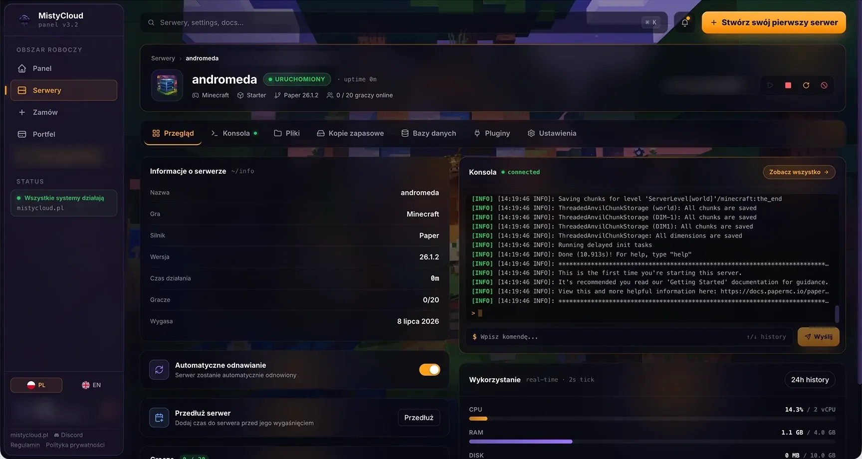 MistyCloud panel - server console and stats